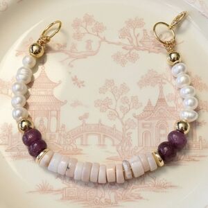 Nature's Pink Opal & Ruby W/ Baroque Pearls In Statement Gold Plated Bracelet